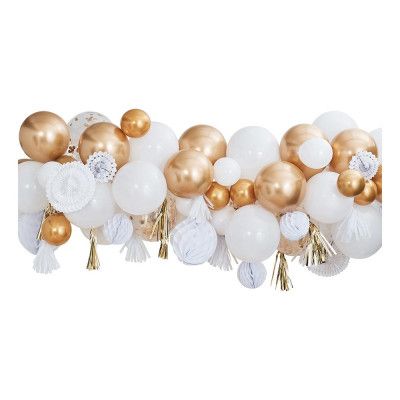 Backdrop Ballonger & Pappersfjädrar Guld/Vit