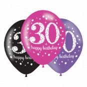 Ballonger 30 Rosa/Svart Happy Birthday - 6-pack