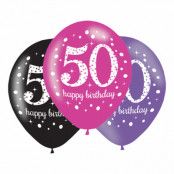 Ballonger 50 Rosa/Svart Happy Birthday - 6-pack