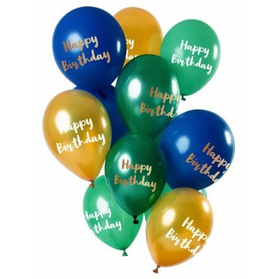 Ballonger Happy Birthday grön/guld 33 cm 12-pack