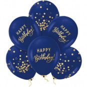 Ballonger Marinblå & Guld "Happy Birthday" 6-pack