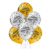 Happy New Year Guld/Silver Metallic Ballonger - 6-pack