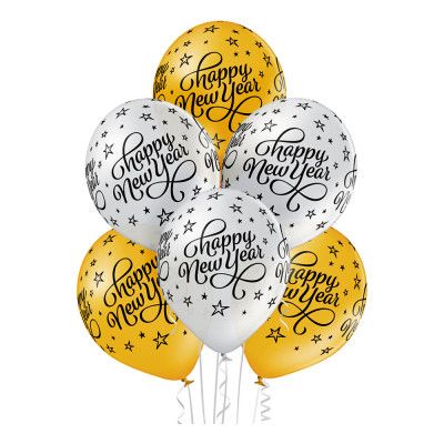 Happy New Year Guld/Silver Metallic Ballonger - 6-pack