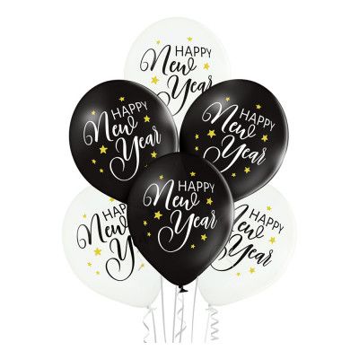 Happy New Year Svart/Vit Ballonger - 6-pack