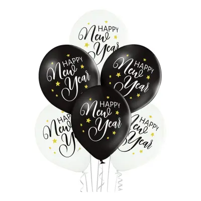 Happy New Year Svart/Vit Ballonger - 6-pack