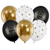 Nyårsfest Ballongmix Vit, Svart & Guld 6-pack