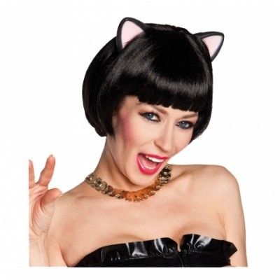 Svart Kort Peruk med Öron - One size