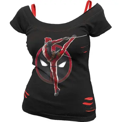 Deadpool - Marvel T-shirt - Deadpool - Pose - 2 in1 Red Ripped Top - S XXL - för Dam - svart