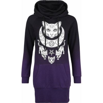 Gothicana by EMP - Gothic Kort klänning - Huvklänning med katt-tryck - S L - för Dam - svart/syrénlila