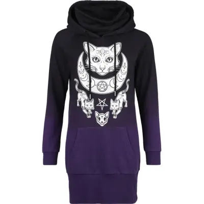 Gothicana by EMP - Gothic Kort klänning - Huvklänning med katt-tryck - S L - för Dam - svart/syrénlila