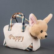 Husdjur i väska : Model - Brun hund i beige väska