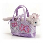Husdjur i väska : Model - Grå katt i lila väska