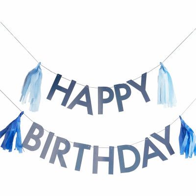 Girlang Happy Birthday Blå med Tofsar