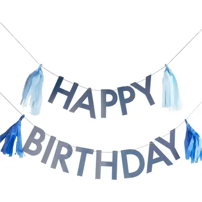 Girlang Happy Birthday Blå med Tofsar