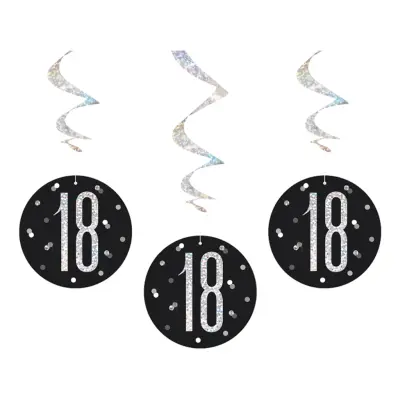 Siffra 18 Svart/Silver Hängande Dekoration - 6-pack