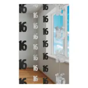Siffra 16 Svart/Silver Hängande Dekoration - 6-pack