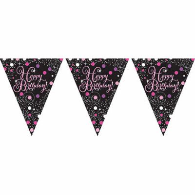 Vimpelgirlang Happy Birthday Svart/Rosa Glitter
