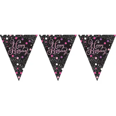 Vimpelgirlang Happy Birthday Svart/Rosa Glitter