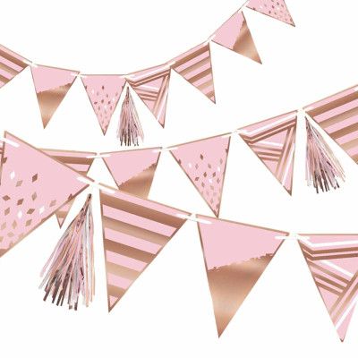 Vimpelgirlang med Tofsar Rosa/Roséguld