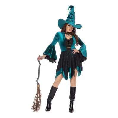 Häxa Klänning Sammet Grön Maskeraddräkt - 40