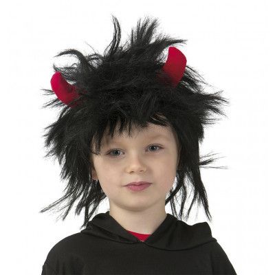 Barnperuk svart med horn - Leksaksaffären -  Leksaksaffären