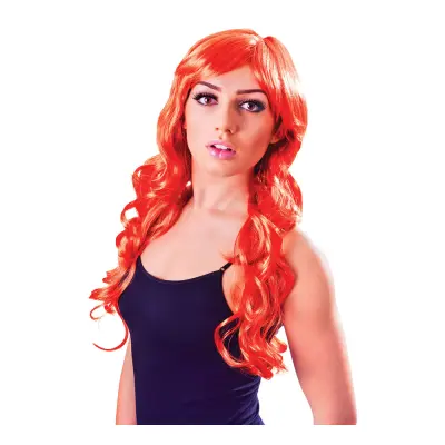 Lång Orange Peruk med Lockar