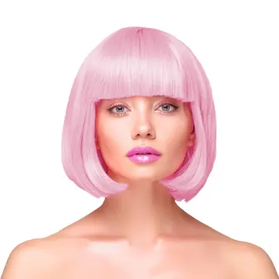 Peruk Kort Rakt Hår - Ljusrosa