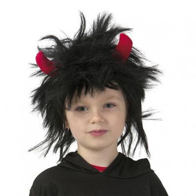 Peruk Svart Med Horn Barn