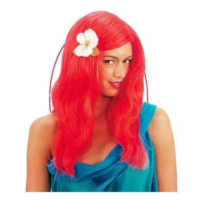 Sjöjungfru Röd Peruk med Blomma - One size