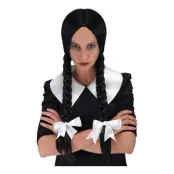 Svart Peruk med Flätor och Vita Rosetter - One size