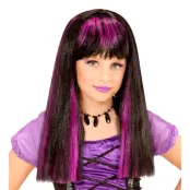 Svart/Lila Lång Barnperuk - One size