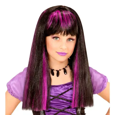 Svart/Lila Lång Barnperuk - One size