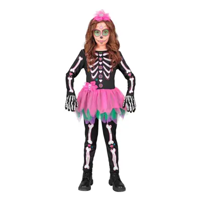 Skelettklänning Rosa/Svart Barn Maskeraddräkt - X-Small