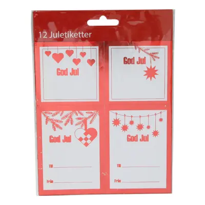 Juletiketter Metallic Röd God Jul - 12-pack